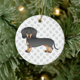 Svart och Tan Slät Hår Dachshund Hund & Text Julgransprydnad Keramik