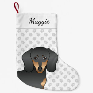 Svart och Tan Slät Päls Dachshund Söt Hundhuvud Liten Julstrumpa