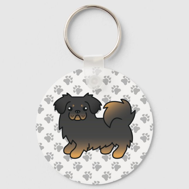 Svart Och Tan Tibetansk Spaniel Tecknad Hund Nyckelring (Framsida)