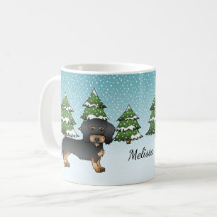 Svart och Tan Trådhårig Dachshund i Vinter Skog Kaffemugg