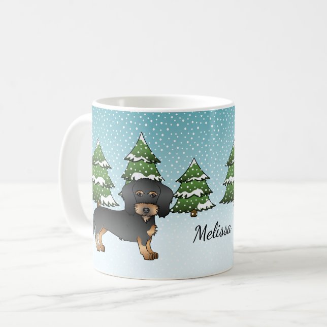 Svart och Tan Trådhårig Dachshund i Vinter Skog Kaffemugg (Framsida vänster)