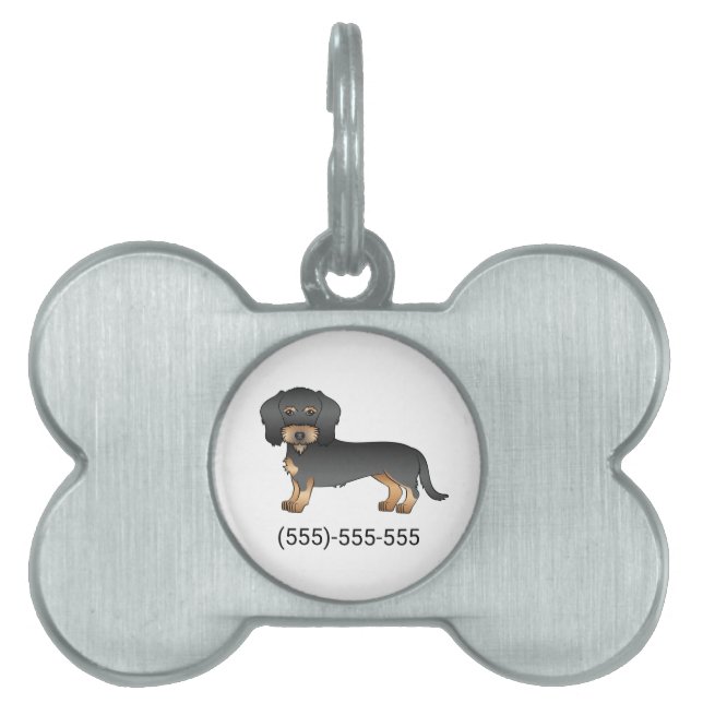 Svart och Tan Trådhårig Dachshund & Telefonnummer ID-bricka Husdjur (Framsidan)
