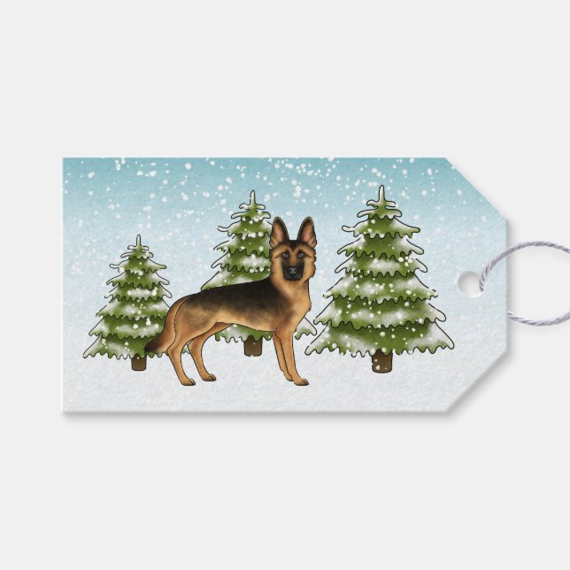 Svart Och Tan Tysk Schäferhund Blå Vinter Jul Presentetikett (Framsidan (Horisontell))