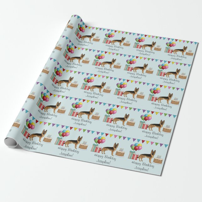 Svart Och Tan Tysk Schäferhund Färgglad Födelsedag Presentpapper (Utrullad)
