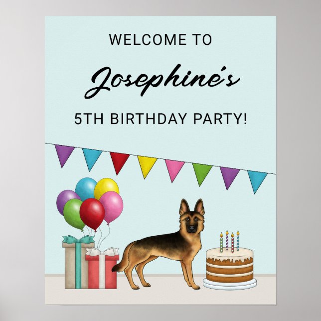 Svart Och Tan Tysk Schäferhund Färgrik Födelsedag Poster (Framsidan)