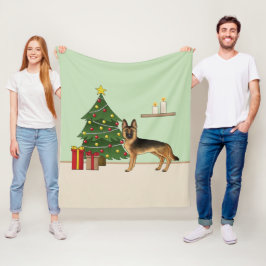 Svart och Tan tysk schäferhund och en julgran Fleecefilt
