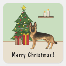 Svart och Tan tysk schäferhund och en julgran Fyrkantigt Klistermärke