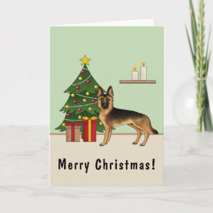 Svart och Tan tysk schäferhund och en julgran Kort