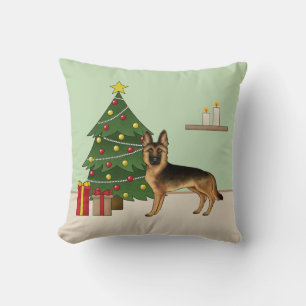 Svart och Tan tysk schäferhund och en julgran Kudde