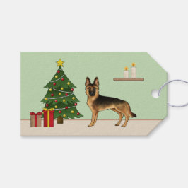 Svart och Tan tysk schäferhund och en julgran Presentetikett