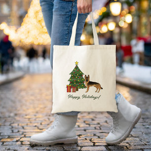 Svart och Tan tysk schäferhund och en julgran Tygkasse
