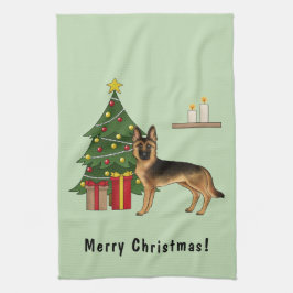 Svart Och Tan Tysk Schäferhund Och Ett Julträd Kökshandduk