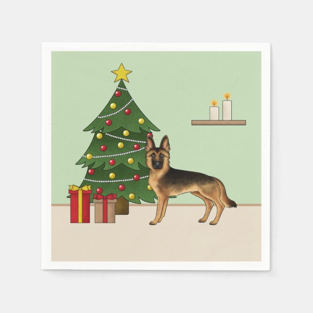 Svart Och Tan Tysk Schäferhund Och Ett Julträd Pappersservett (Framsidan)