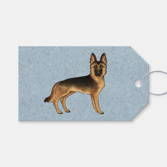 Svart Och Tan Tysk Schäferhund Söt Hund På Blå Presentetikett (Framsidan (Horisontell))