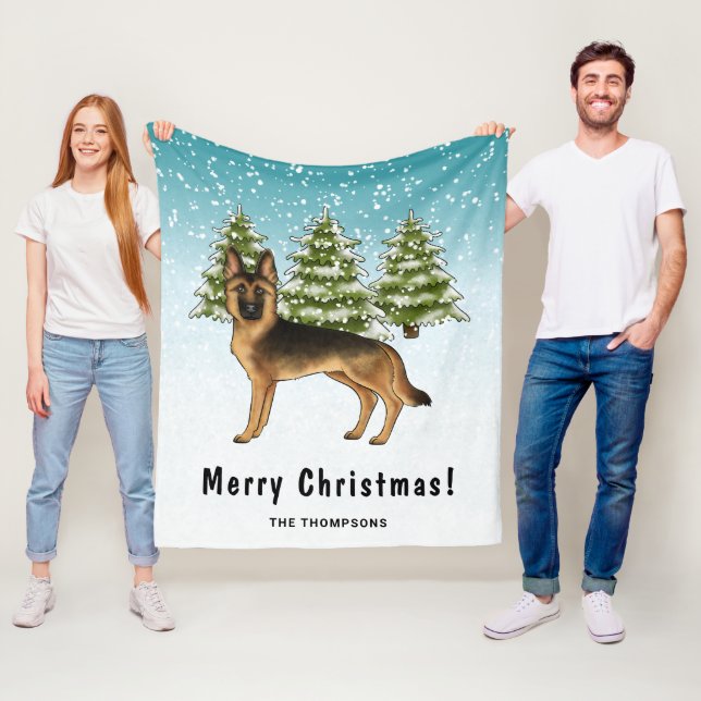 Svart Och Tan Tysk Schäferhund Vinter Skog Fleecefilt (På plats)