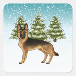 Svart och Tan tysk schäferhund Vinter skog Fyrkantigt Klistermärke