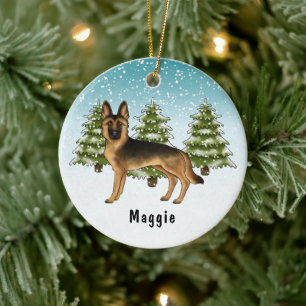 Svart Och Tan Tysk Schäferhund Vinter Skog Julgransprydnad Keramik