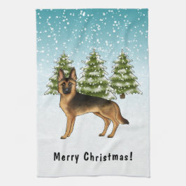 Svart och tan tysk schäferhund vinter skog kökshandduk
