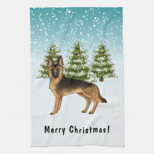 Svart och tan tysk schäferhund vinter skog kökshandduk