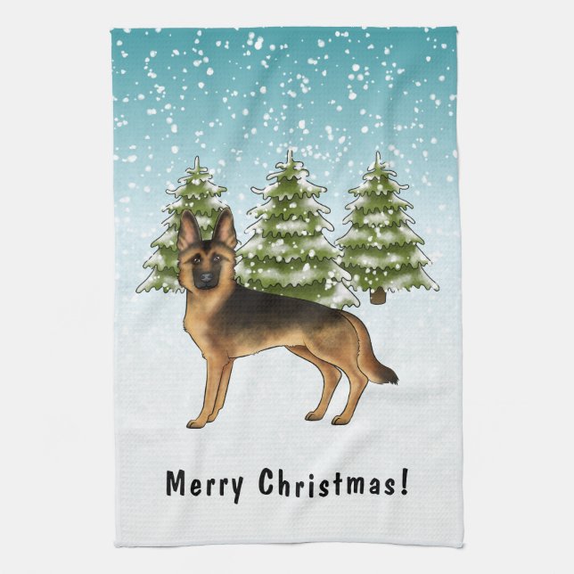 Svart och tan tysk schäferhund vinter skog kökshandduk (Vertikal)