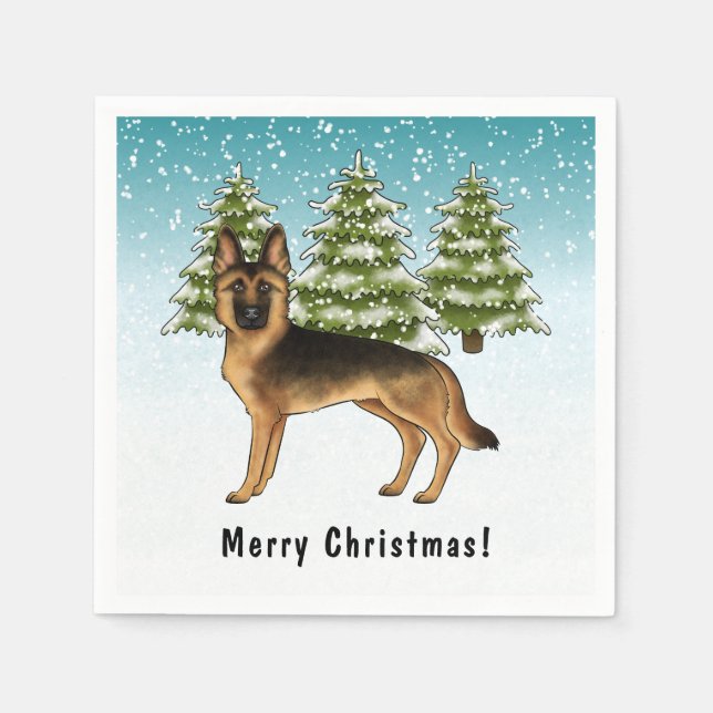 Svart Och Tan Tysk Schäferhund Vinter Skog Pappersservett (Framsidan)