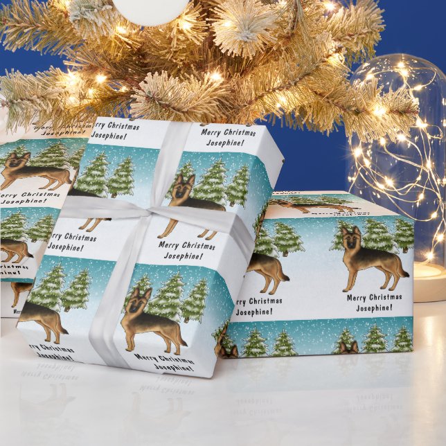 Svart Och Tan Tysk Schäferhund Vinter Skog Presentpapper (Helgdagar)