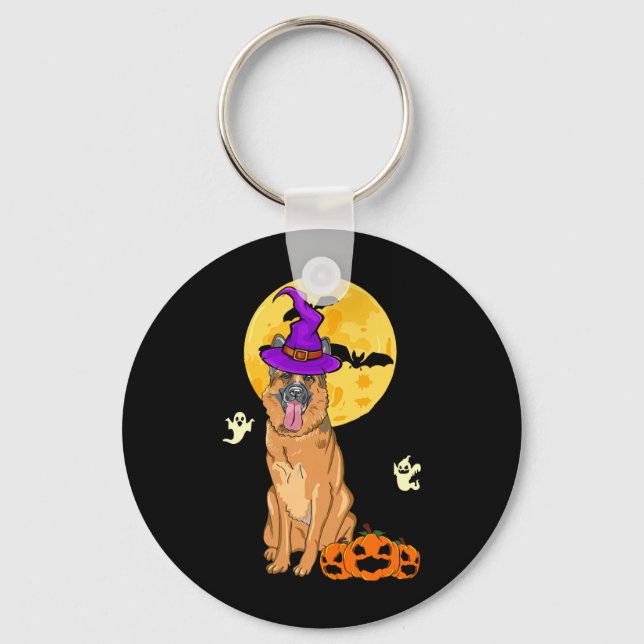 Svart Och Tan Tysk Shepherd Häxa Halloween Nyckelring (Framsida)