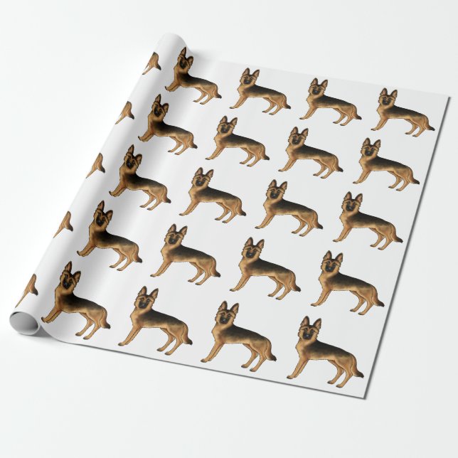 Svart och Tan Tysk Shepherd Tecknad Hund Mönster Presentpapper (Utrullad)