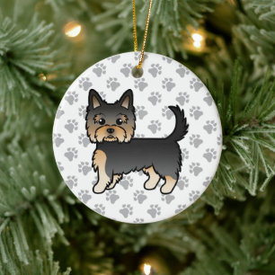 Svart Och Tan Yorkshire Terrier Tecknad Hund & Tas Julgransprydnad Keramik