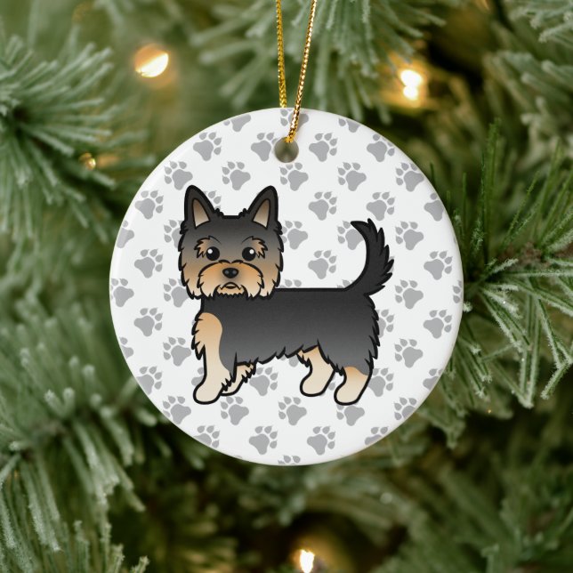 Svart Och Tan Yorkshire Terrier Tecknad Hund & Tas Julgransprydnad Keramik (Träd)