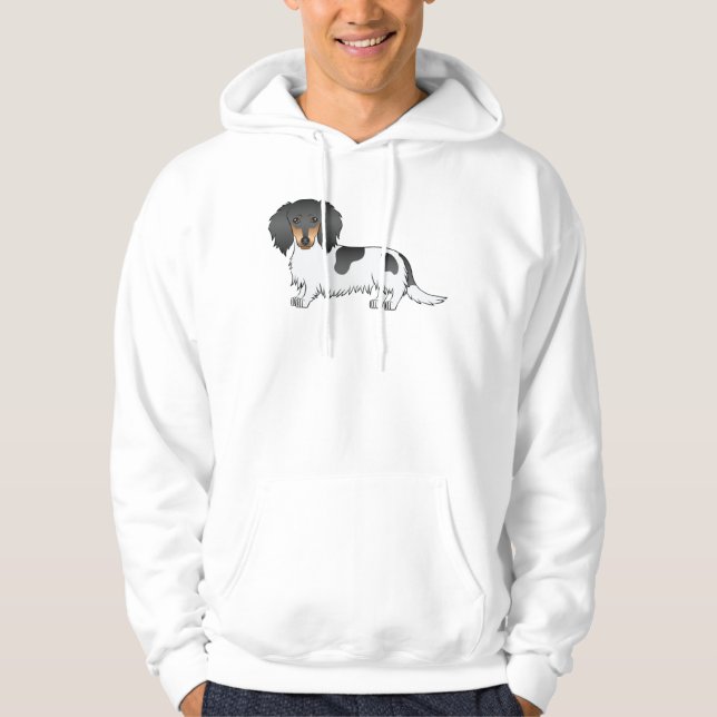 Svart Och Tanbrokig Långhårig Dachshund Hund Hoodie (Framsida)
