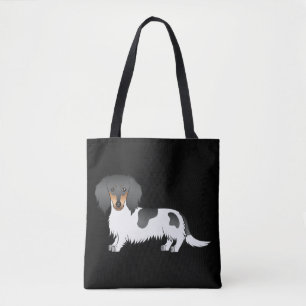 Svart Och Tanbrokig Långhårig Dachshund På Svart Tygkasse
