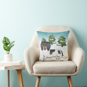 Svart Och Tanbrokig Långhårig Dachshund På Vinter Kudde