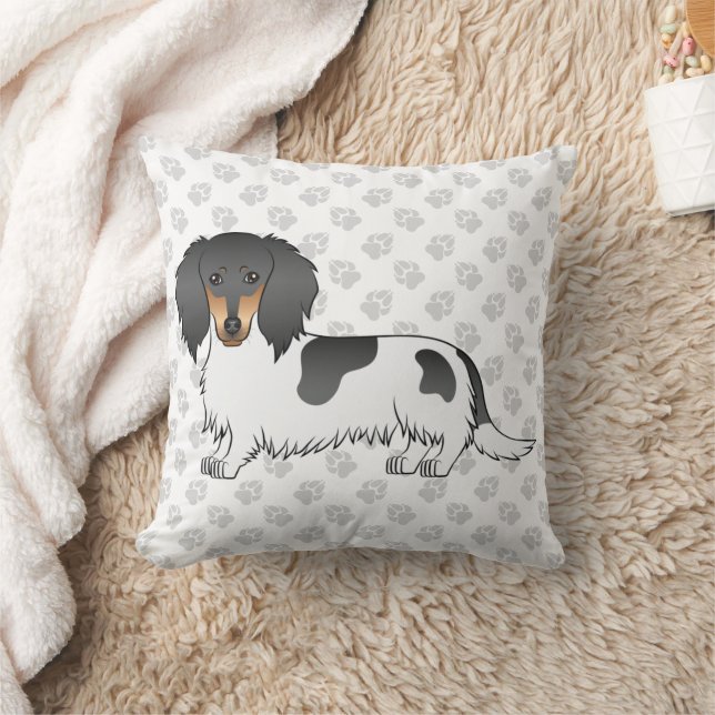 Svart Och Tanbrokig Långhårig Dachshund & Tassar Kudde (Filt)