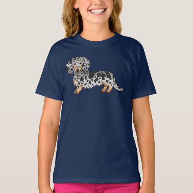Svart Och Tanfläckig Söt Långhårig Dachshund Hund T Shirt (Framsida)