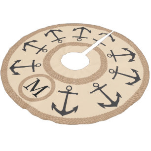 Svart och taupe Nautical Anchors och Rope Julgransmatta Borstad Polyester