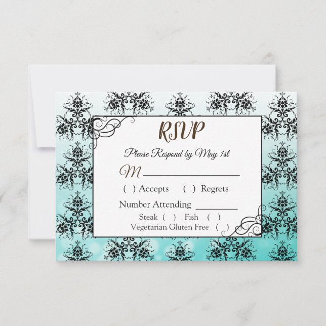 Svart och Teal Damask Wedding OSA kort (Framsida)