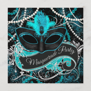 Svart och tealblå maskeradfest inbjudningar