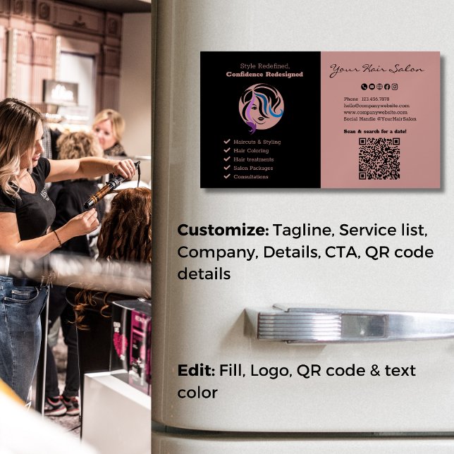 Svart och Toscanisk Professionell Hair Salon med d Magnetiska Visitkort (Dual-Tone Black & Tuscany Professional Hair Salon Business Card Magnet, Tagline, Service List, CTA)
