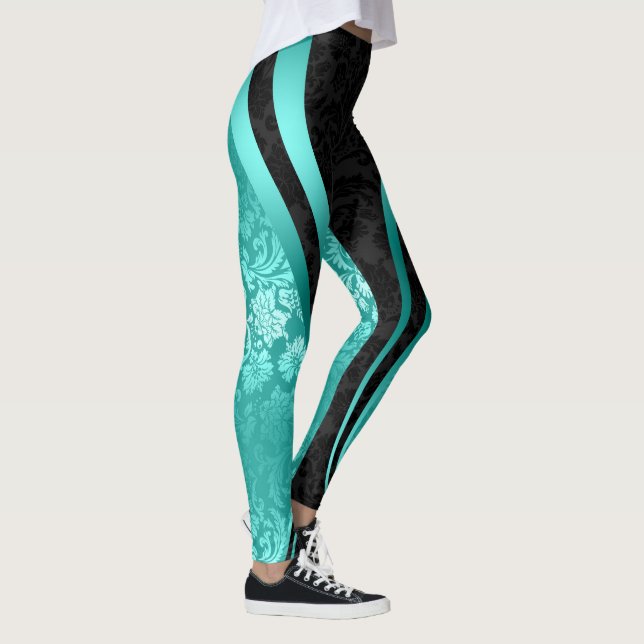 Svart och turkos-Blommigt, geometrisk design Leggings (Höger)