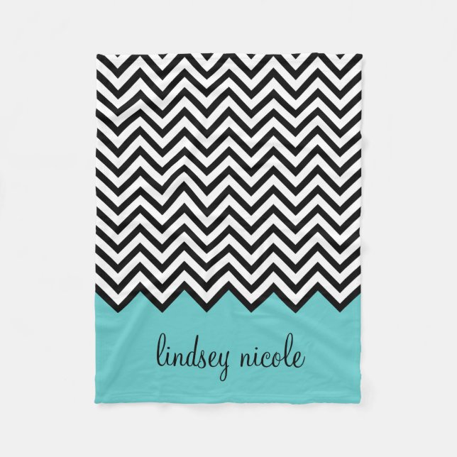 Svart och turkos Modern Chevron Anpassningsbar Mon Fleecefilt (Framsidan)