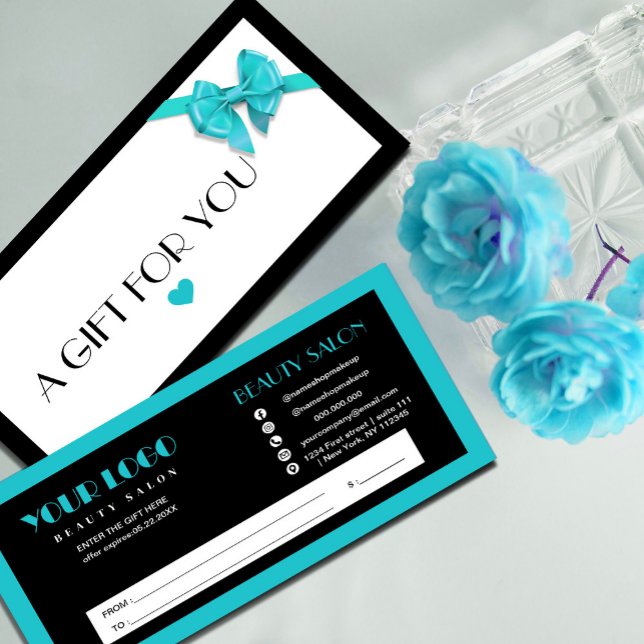 Svart och turkos-presentkort för logotyp (Black and Turquoise heart logo gift certificate. #giftcard #turquoise #lightblue)