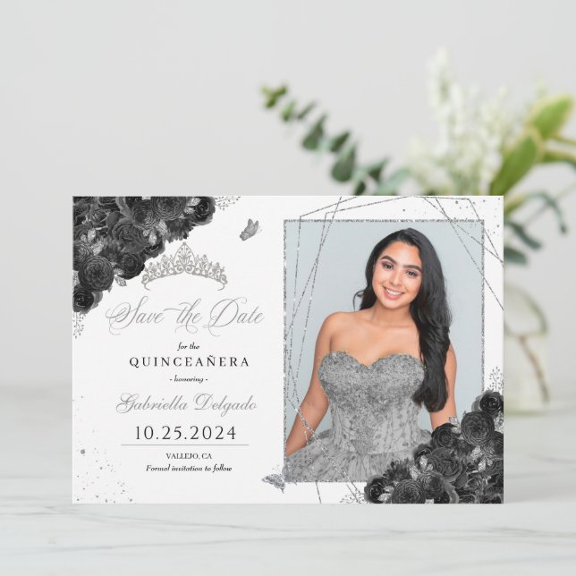 Svart och tyst fotokort Quinceañera Spara datum Inbjudningar (Stående Fram)