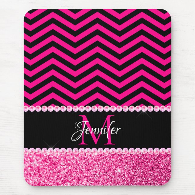 Svart och varmgrön glitter Chevron-monogram Musmatta (Framsidan)