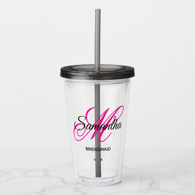 Svart och varmröd fancy monogram brudtjänsteflicka take away mugg (Framsida)