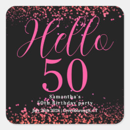Svart och varmröd glitter 50-års födelsedag fyrkantigt klistermärke