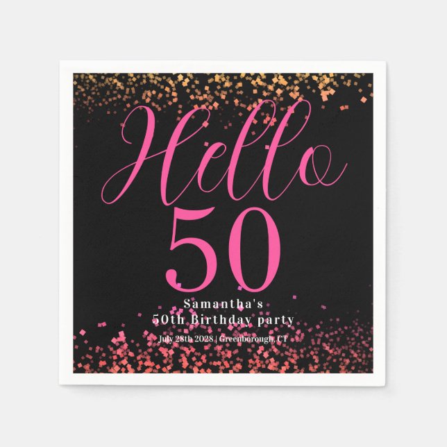 Svart och varmröd glitter 50-års födelsedag pappersservett (Framsidan)
