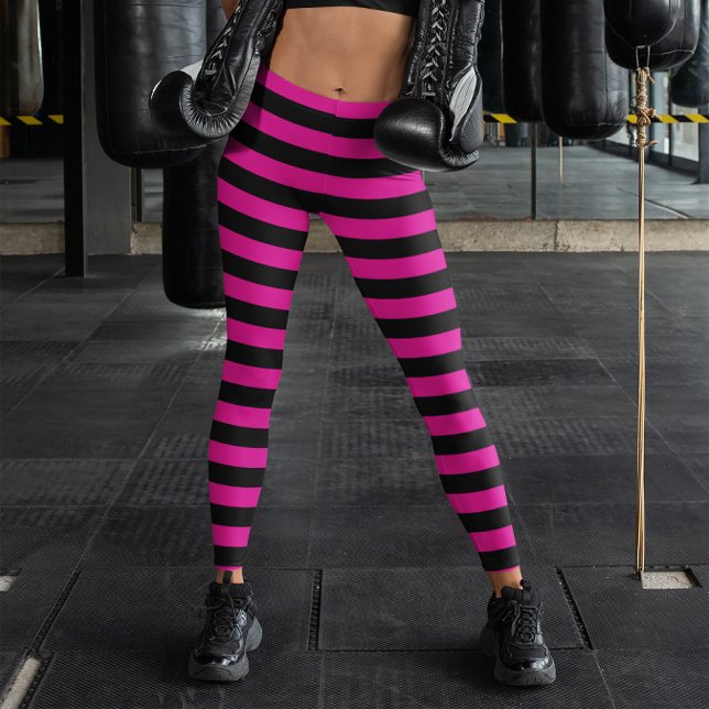 Svart och varmröd horisontell randig leggings (Black and Hot Pink Horizontal Stripe Leggings)