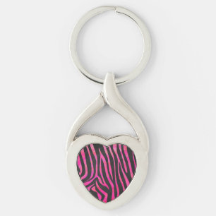 Svart och varmrödrosa zebratryck twisted heart silverfärgad nyckelring