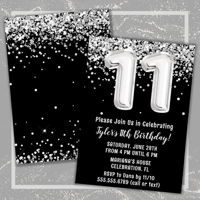 Svart och vit 11-års födelsedagsfest inbjudningar (Black and White 11th Birthday Party Invitation)